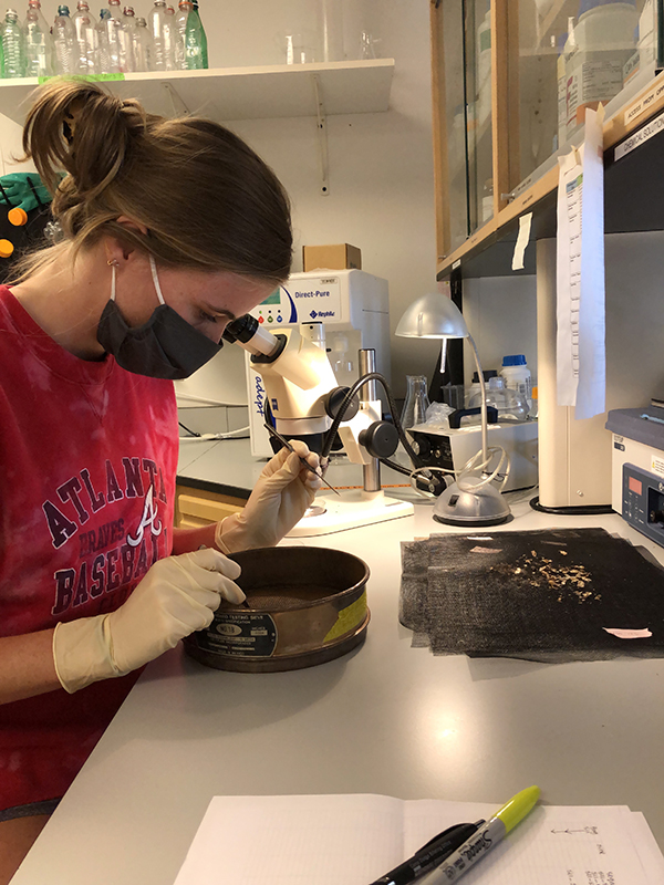 Caroline Aikins looking into microscope in laboratory
