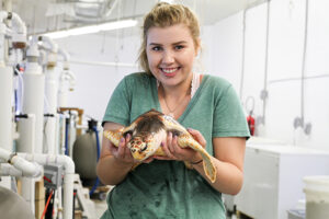 Marine Extension Intern Emily Noakes (Class of 2020: Ecology/Biology) gains “flippers-on” experience.