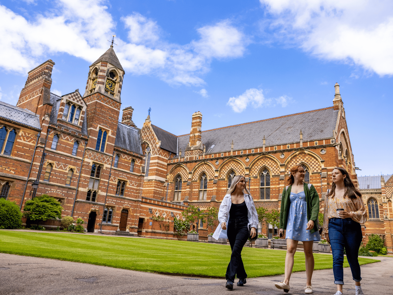 (L-R) University of Georgia students Brenna Daly, Anna Purcell and Hannah Nicholson walk through the Keble College grounds at University of Oxford.